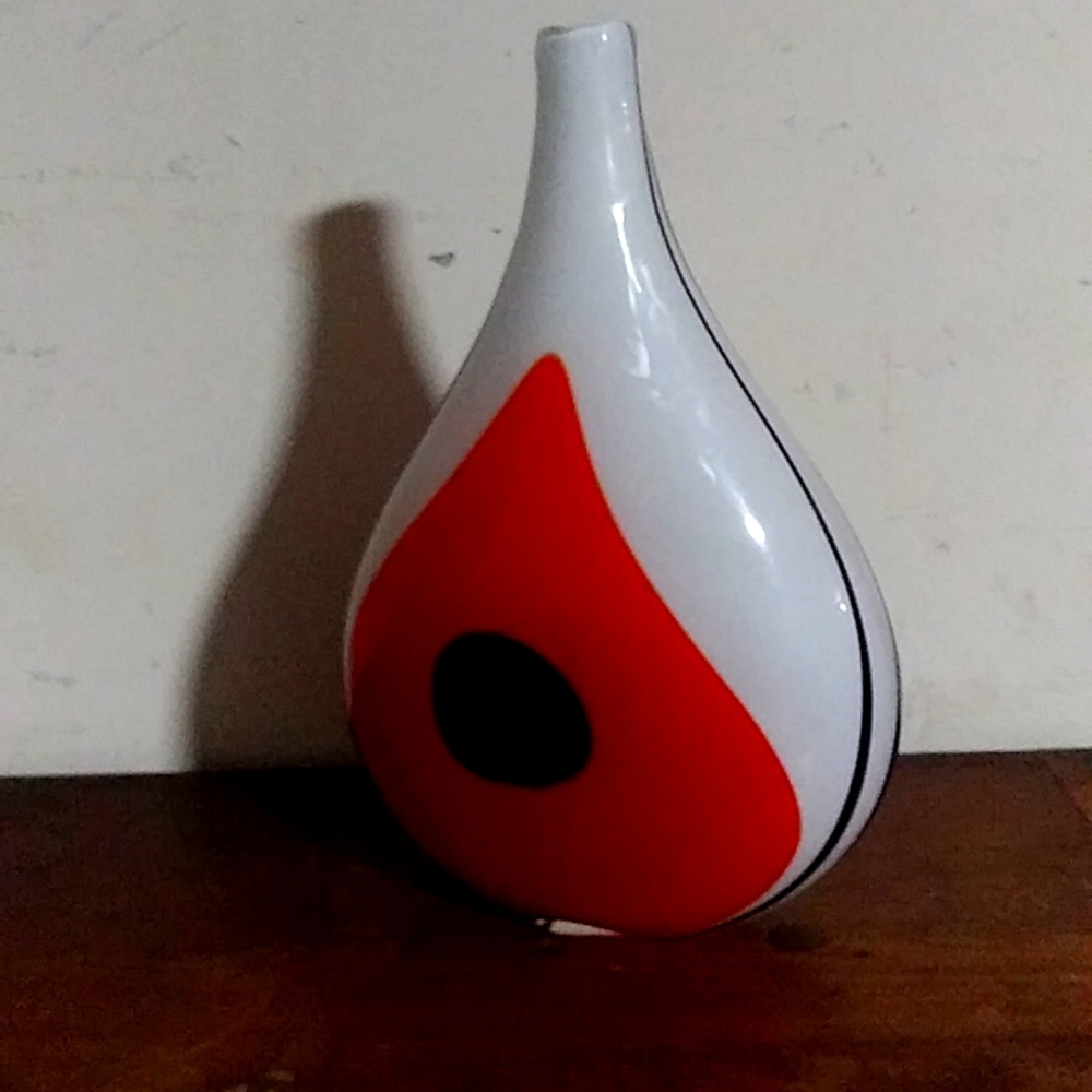 Mid Century Vintage Murano Castelini Large Glass Vase Red/Orange Black White